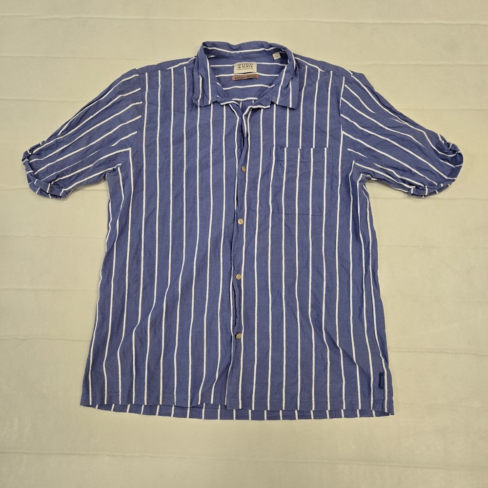 Scotch & Soda Toweling Striped Button Up Camp Shirt Mens Sz XL Blue Short Sleeve